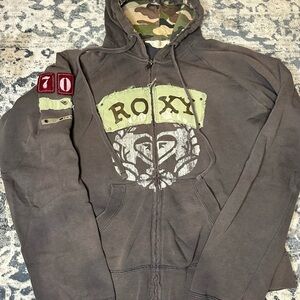 Y2K Vintage Roxy Charcoal Hoodie with Graphic and Patches